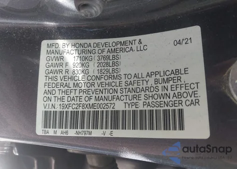 2021 Honda Civic Sport from USA, damaged, VIN 19XFC2F8XME002572